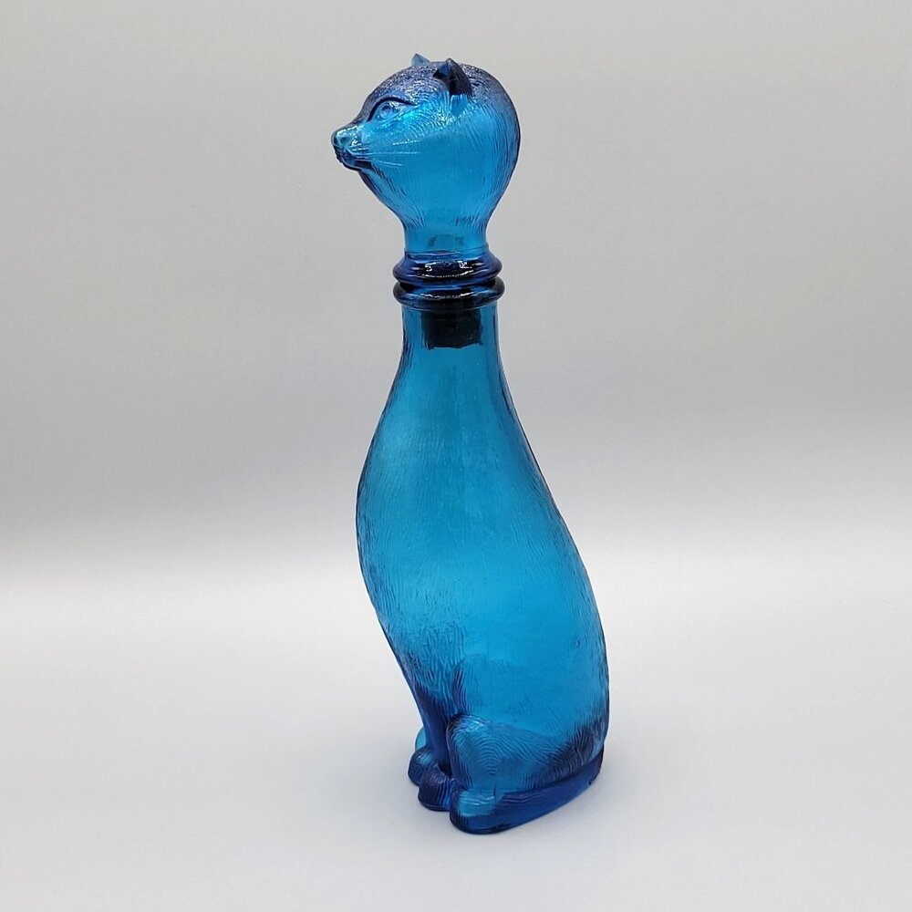 Vintage Italian Empoli Blue Glass Cat Decanter Bottle Figural 9 Inch Tall 1960s - Picture 3 of 13